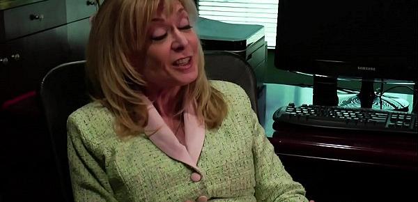  Sexy lass Pepper Kester kisses passionately her boss Nina Hartley in the office before they lick each others pussies